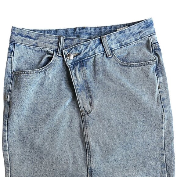 SHEIN Asymetrical Zipper Light Wash Distressed Maxi Denim Skirt US M - Picture 4 of 6